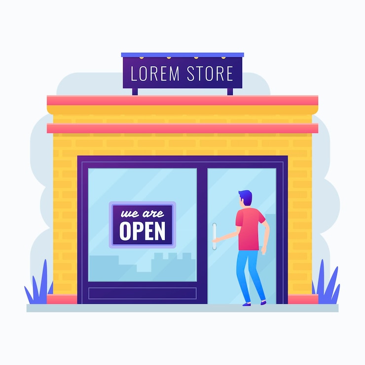 Gratis Vector winkel met het bord dat we open zijn