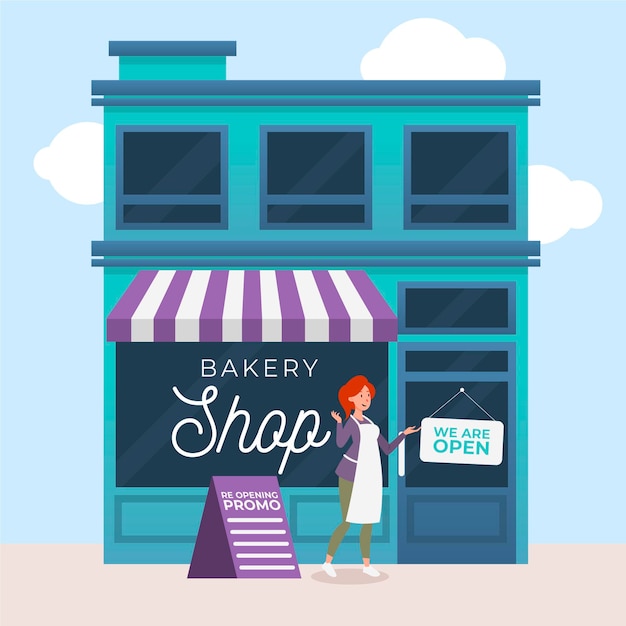 Gratis vector winkel met het bordje we are open concepe