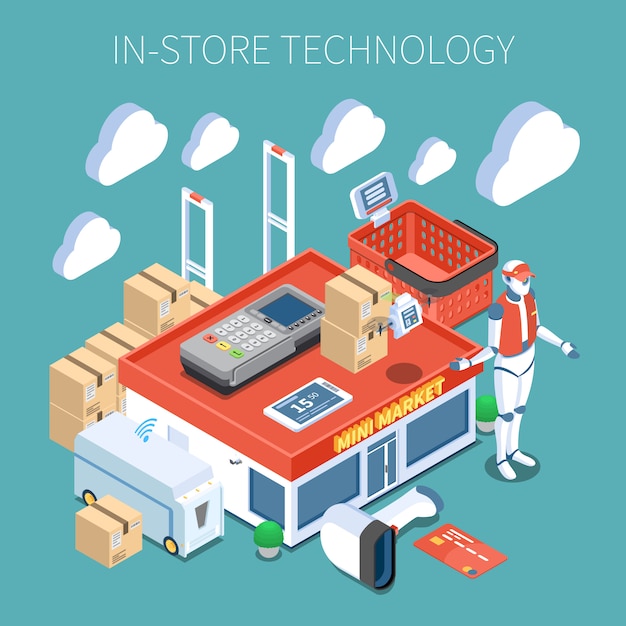 Gratis vector winkel technologie supermarkt van toekomstige gekleurde samenstelling met bewakingssysteem vliegende inventaris scanner robot consultant isometrische pictogrammen