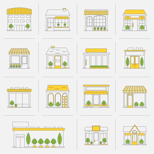 Winkel winkel zakelijke gebouwen vlak lijn pictogram set geïsoleerde vector illustratie