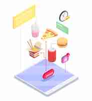 Gratis vector winkelen e-commerce isometrische compositie met conceptuele weergave van tablet met items