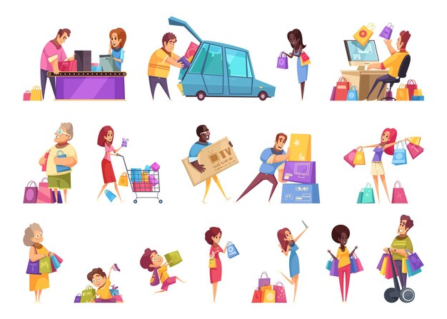 Winkelen shopaholic iconen collectie van geïsoleerde cartoon-stijl afbeeldingen en menselijke karakters van mensen met goederen