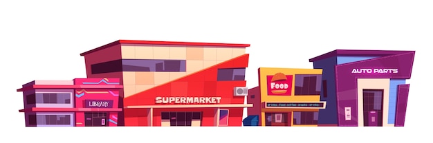Winkels en commerciële gebouwen exterieur geïsoleerd op een witte achtergrond. tekenfilm reeks café, bibliotheek en supermarkt gevel. Moderne stadsarchitectuur van auto-onderdelenopslag