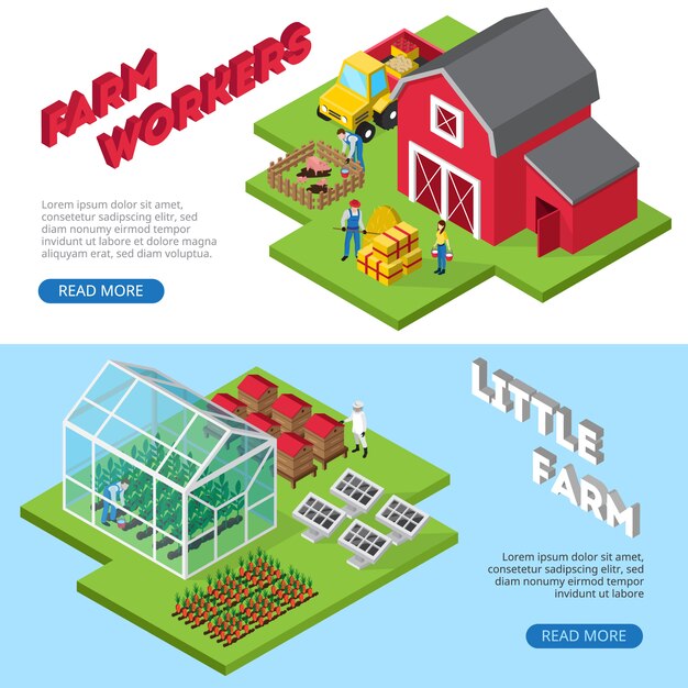 Winstgevende kleine website banners voor landbouwbedrijven met landarbeiders en informatie over boerderijfaciliteiten