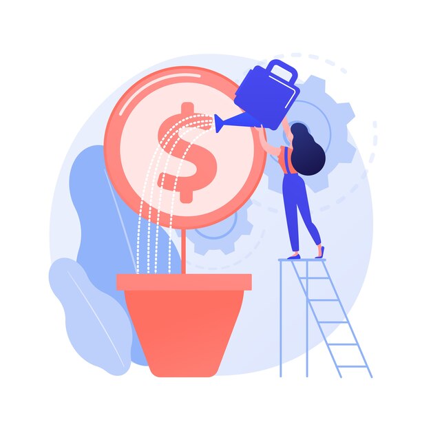 Winstgroei, fondsenwerving. Zakenvrouw geldboom water geven. Inkomensstijging, groeiend inkomen, creatief ontwerpelement voor economische geletterdheid.