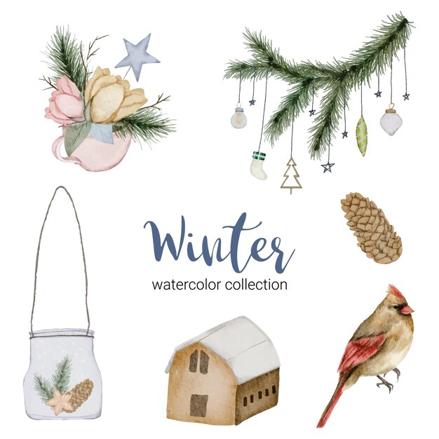 Winter aquarel collectie met een boeket bloemen