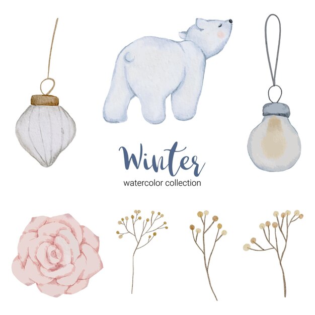 Winter aquarel collectie met items voor thuisgebruik en witte beer