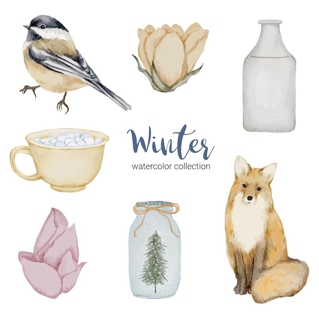 Winter aquarel collectie met items voor thuisgebruik, vogel en vos