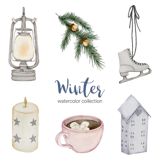 Winter aquarel collectie met items voor thuisgebruik.