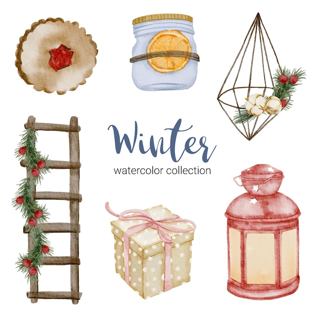 Winter aquarel collectie met items voor thuisgebruik.