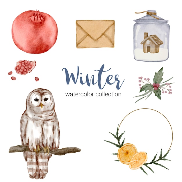 Winter aquarel collectie met items voor thuisgebruik.