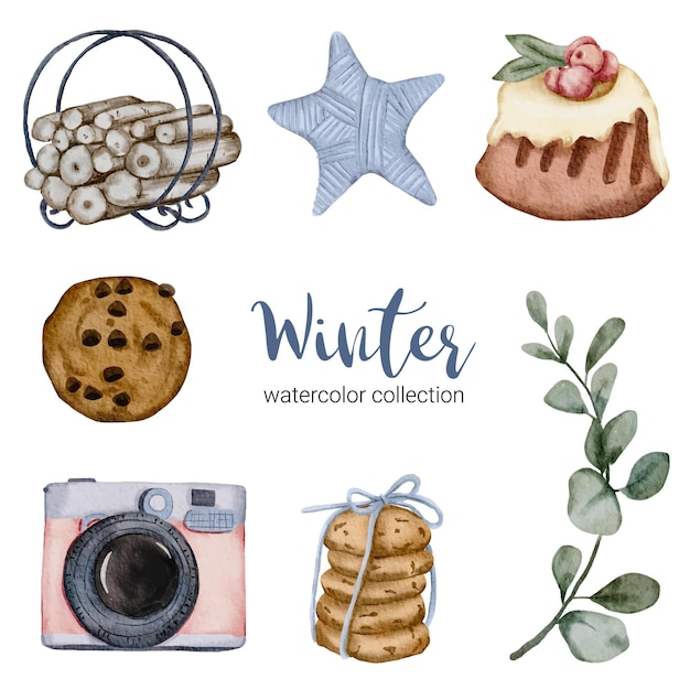 Winter aquarel collectie met items voor thuisgebruik.