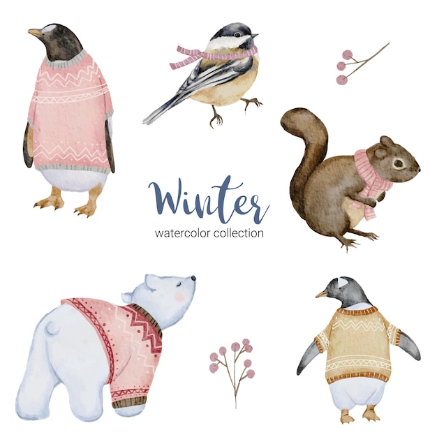 Winter aquarel collectie met pinguïn, eekhoorn, witte beer en vogel