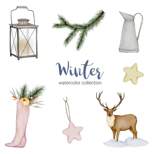 Winter aquarelcollectie met kannen, lantaarns, herten en schoenen.