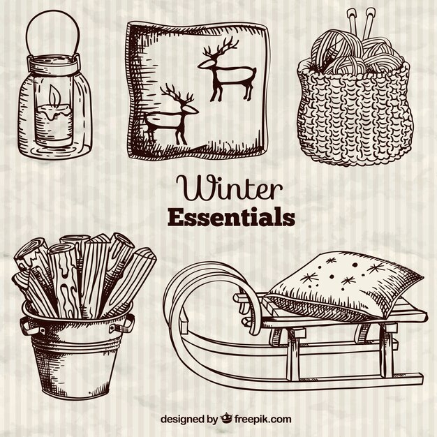 winter essentials in de hand getekende stijl