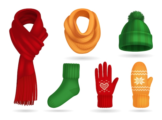 Gratis vector winter gebreide kleding realistische set met muts en handschoenen geïsoleerd