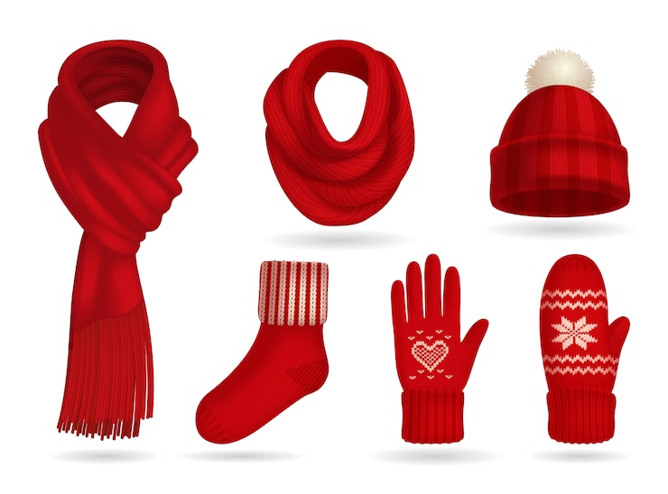Gratis Vector winter rode gebreide kleding realistische set met wanten en sjaal geïsoleerd
