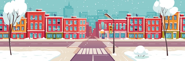 Gratis vector winter stad straat, besneeuwde stedelijk landschap