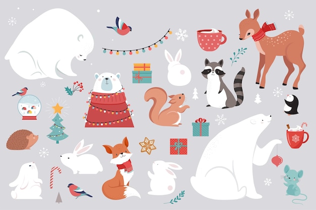 Winterbosdieren, merry christmas-wenskaarten, posters met schattige beer, vogels, konijn, hert, muis en pinguïn.