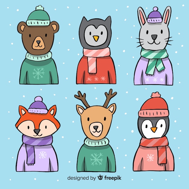 Gratis vector wintercollectie aangekleede dieren