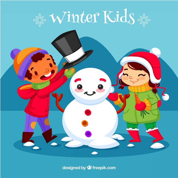 Winterkinderen die een sneeuwpop afmaken