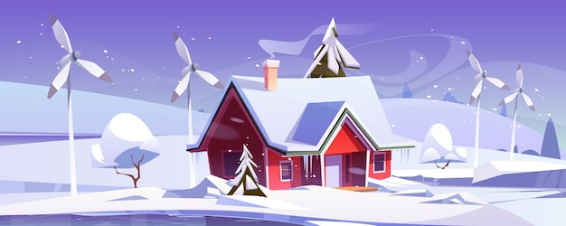 Winterlandschap met huis en windturbines. cartoon illustratie van sneeuwval, ijsbaan, windmolens en modern huisje met sneeuw op dak. Eco-vriendelijke energieopwekking, groen energieconcept