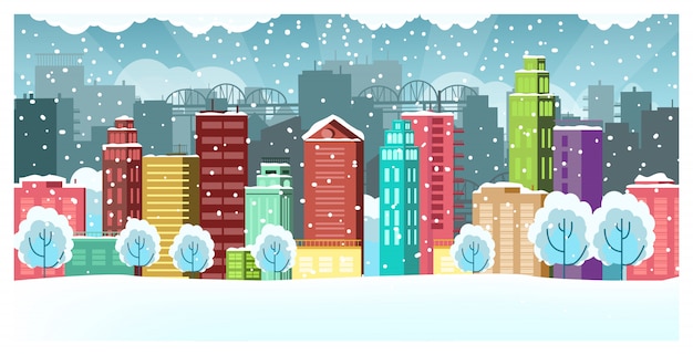 Gratis vector winterlandschap met huizen, bruggen en wolkenkrabbers