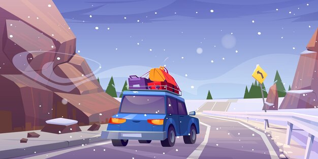 Gratis vector winterlandschap met weg en auto met bagage