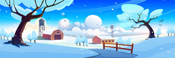 Gratis Vector wintersneeuwveldlandschap met schuurhuisscène