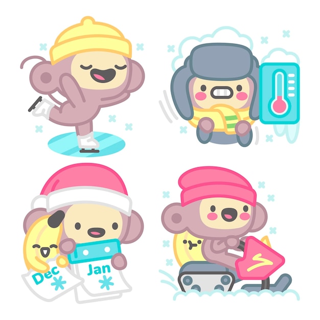 Gratis vector winterstickerscollectie met aap en banaan