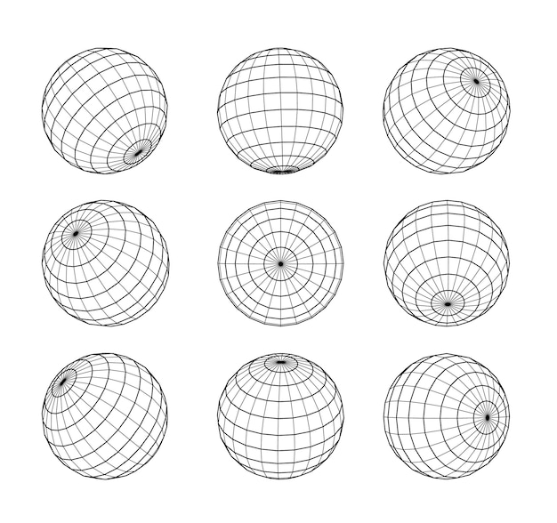 Wireframe bol in verschillende posities globe grid set planet earth orb vector overzicht geïsoleerd