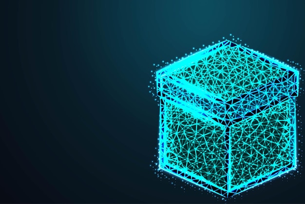 Wireframe mesh veelhoekig element Kubus met verbonden lijnen en stippen met afgebrokkelde rand op blauwe nachtelijke hemel met stippen sterren en ziet eruit als sterrenbeeld illustratie