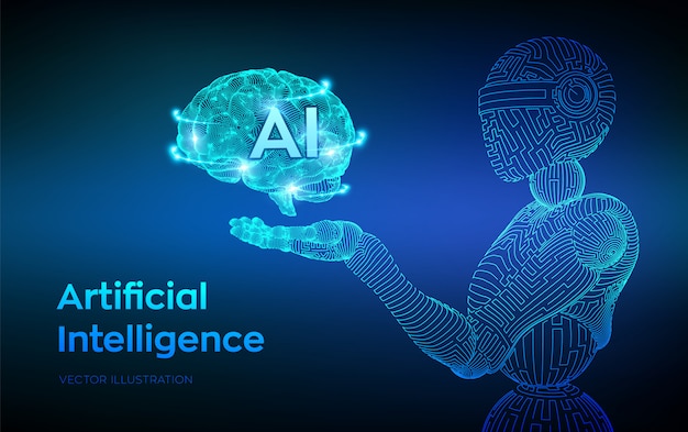 Wireframe robot. AI Kunstmatige intelligentie in de vorm van cyborg of bot. Hersenen in robotachtige hand. Digitale hersenen.