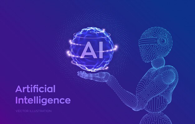Wireframe robot. AI Kunstmatige intelligentie in robothand. Machine learning en cyber mind overheersing concept.