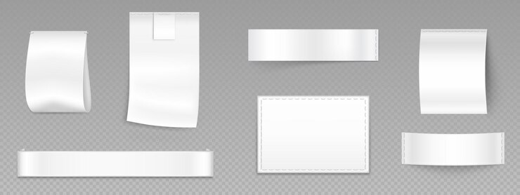 Gratis Vector wit mode stof merk label met steek geïsoleerd shirt katoenen badge met naad voor mock up set lint materiaal om te gebruiken met kleding product voor wasserij of maat teken 3d realistische illustratie