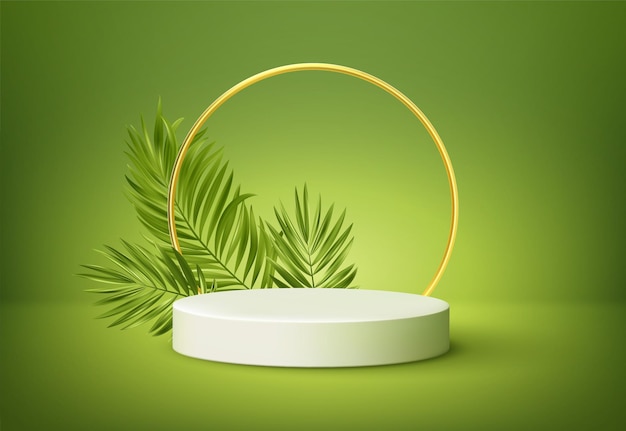 Wit productpodium met groene tropische palmbladeren en gouden ronde boog op groene muur