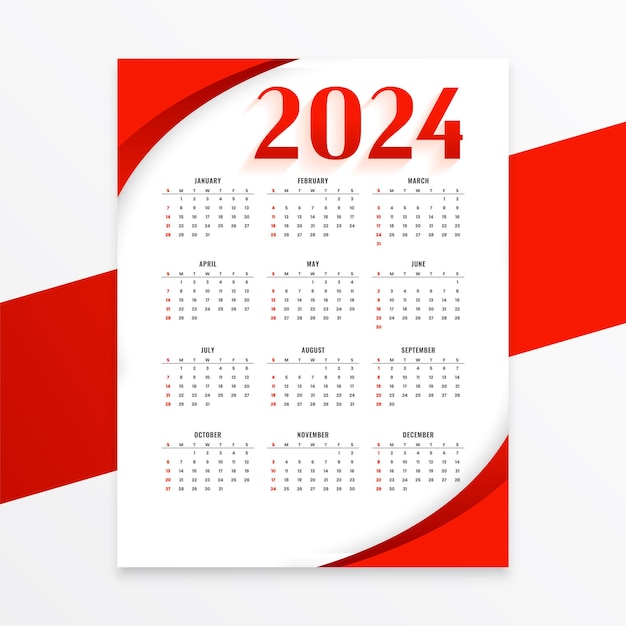 Witte en rode 2024 evenementenplanner kalenderindeling in minimale stijlvector