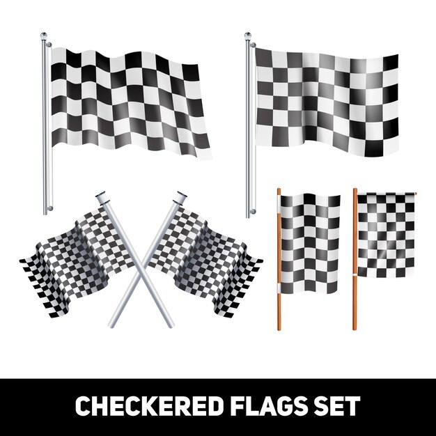 Witte en zwarte geruite vlaggen op as en pool realistische set van het kleuren decoratieve pictogram
