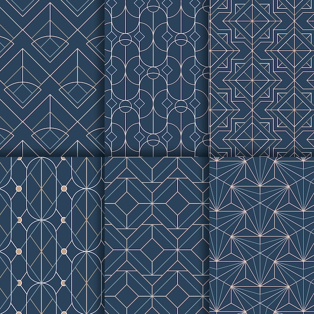 Witte geometrische naadloze patronen die op een blauwe achtergrond worden geplaatst