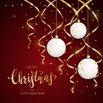 Witte kerstballen met gouden slingers en confetti op rode vakantie achtergrond met belettering prettige kerstdagen en gelukkig nieuwjaar, illustratie.