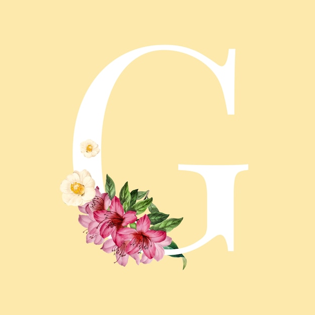Gratis vector witte letter g versierd met hand getrokken moeders bloemen vector