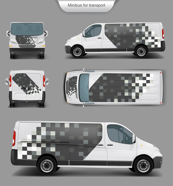 Witte minivan top. voorkant, achterkant, zijaanzicht