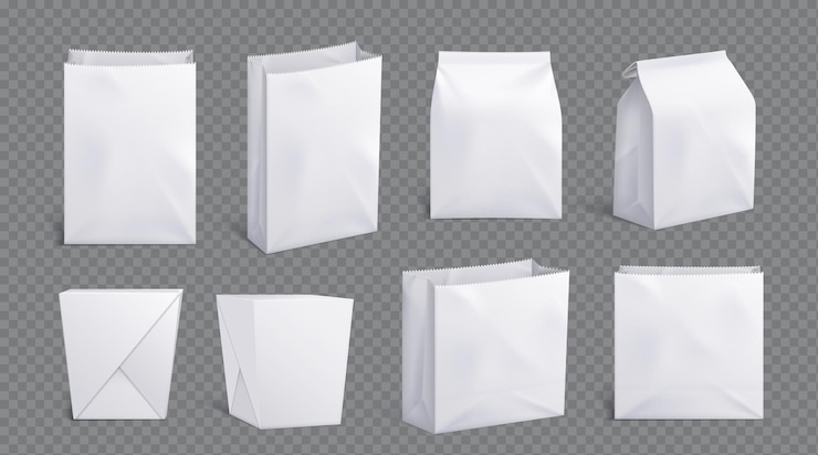 Gratis Vector witte papieren lunchzak verpakking voor weg te nemen chinees eten weg te nemen doos verpakking voor noedels of pasta mocku icoon leeg 3d karton vierkante container mock-up voor snoep merkontwerp op doorzichtige achtergrond