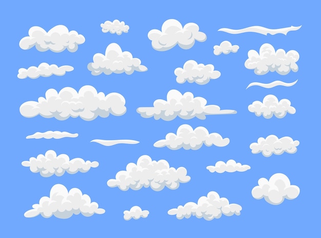 Witte pluizige wolken in de lucht platte vector illustraties set. Verzameling van tekeningen van 2D-wolken van verschillende vorm, hemelsymbool geïsoleerd op blauwe achtergrond. Weer, natuurconcept voor grafisch ontwerp