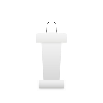 Witte podiumtribune met microfoons realistisch wit 3d politiek podium voor conferentie vector