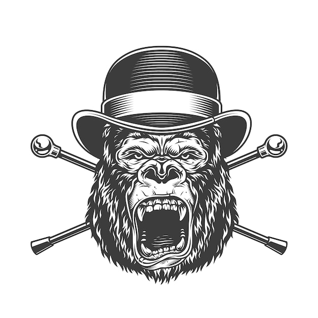 Gratis vector woeste gorillahoofd in fedorahoed