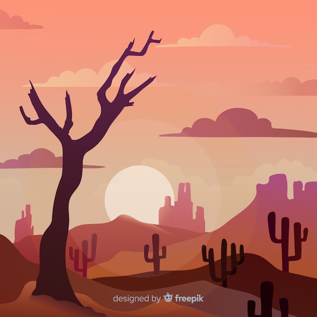 Gratis vector woestijn landschap achtergrond met cactus