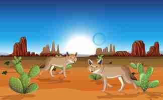 Gratis vector woestijn met rotsbergen en coyote-landschap bij dagscène