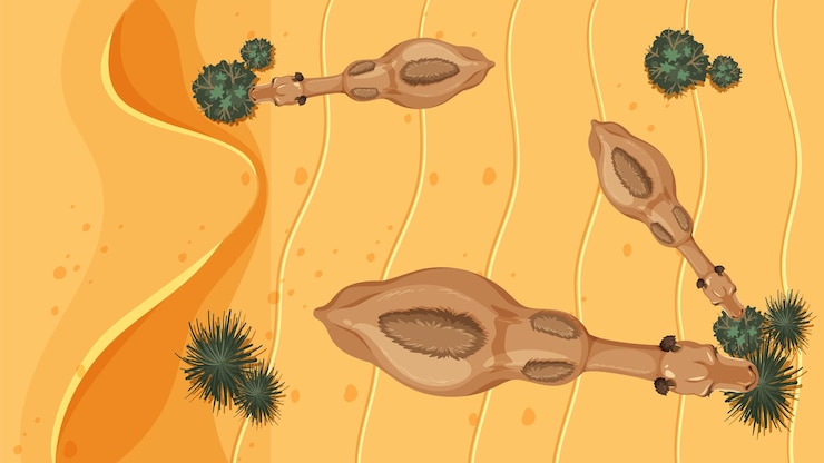 Gratis Vector woestijnkamelen en schaarse vegetatie