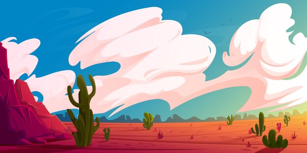 Woestijnlandschap met bergen cactussen en rode droge grond bij zonsopgang Cartoon vectorillustratie van hete Amerikaanse of Mexicaanse woestijn met rotsen planten saguaro en wolken in de lucht